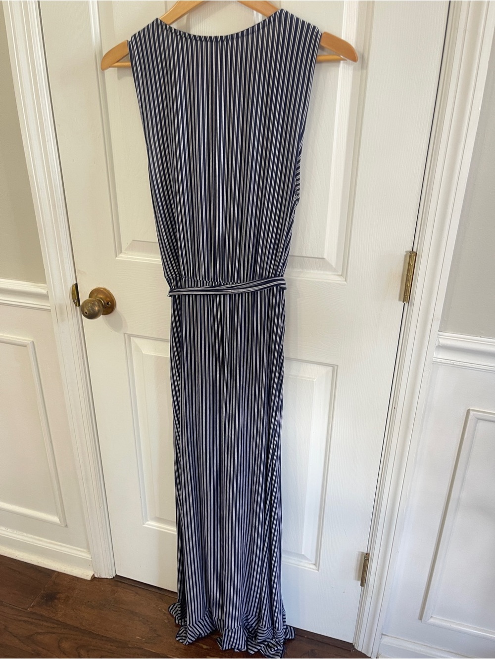Soma Navy & White Striped Sleeveless Size Large Maxi Dress Faux wrap Nautical - Picture 8 of 11